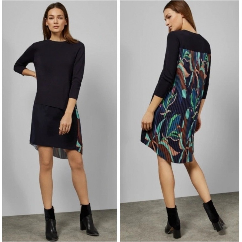Ted Baker London Balliae Navy Blue Pleated Floral Mixed Media Sweater Dress 4 L